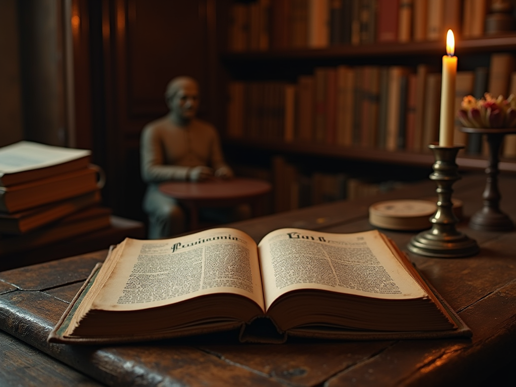 Открытая книга на столе при свечном освещении в библиотеке, мужчина читает в фоне.