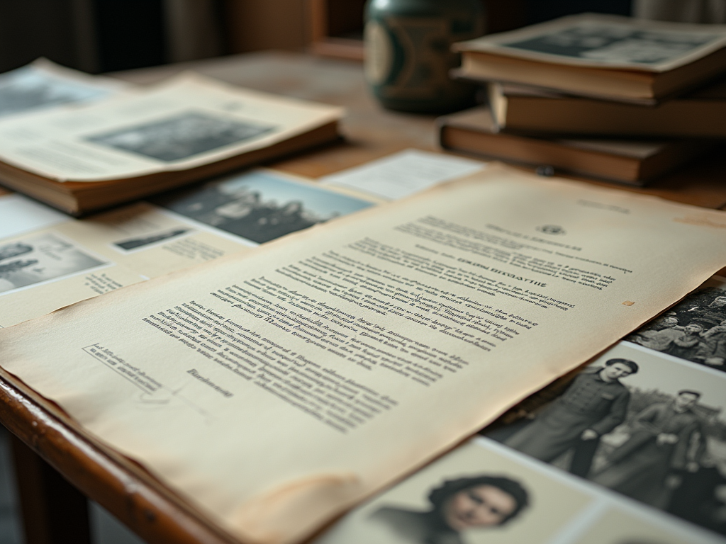 Стол с раскрытыми книгами, документами и историческими фотографиями.