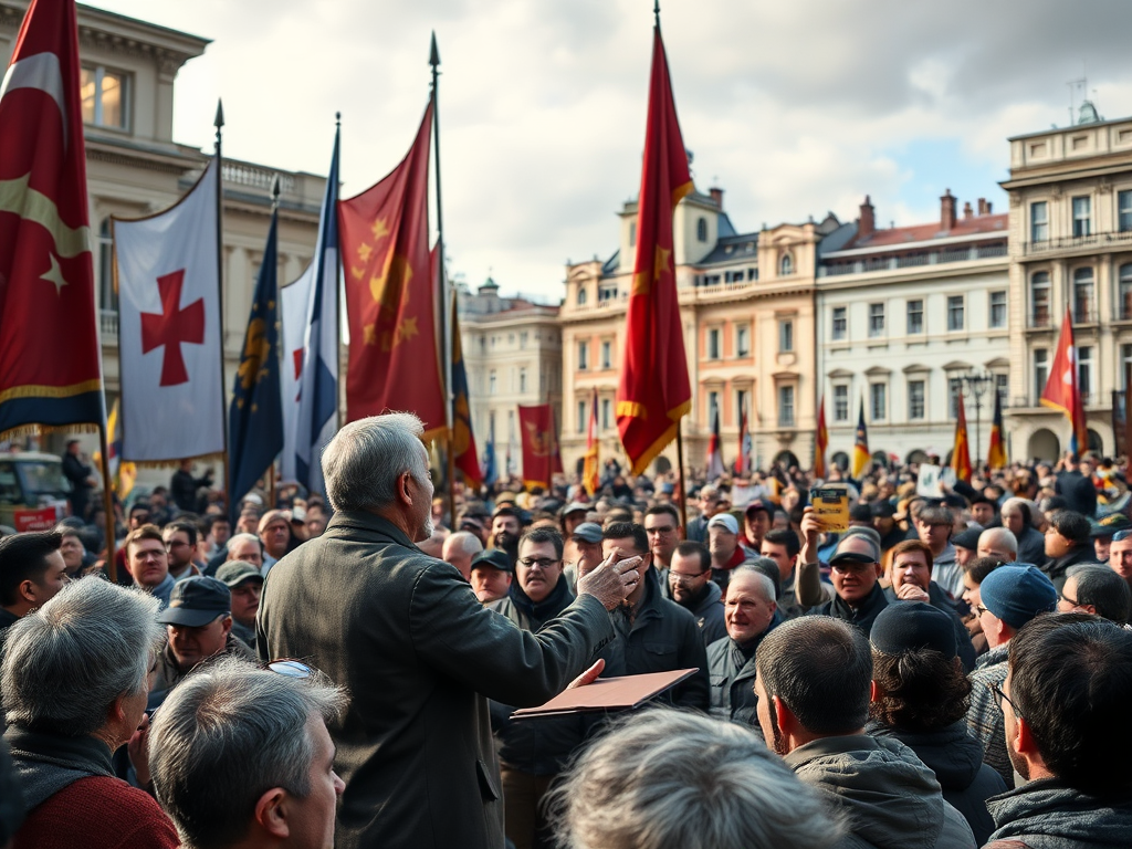 Митинг с множеством людей и флагов, выступает оратор на фоне старинной архитектуры.