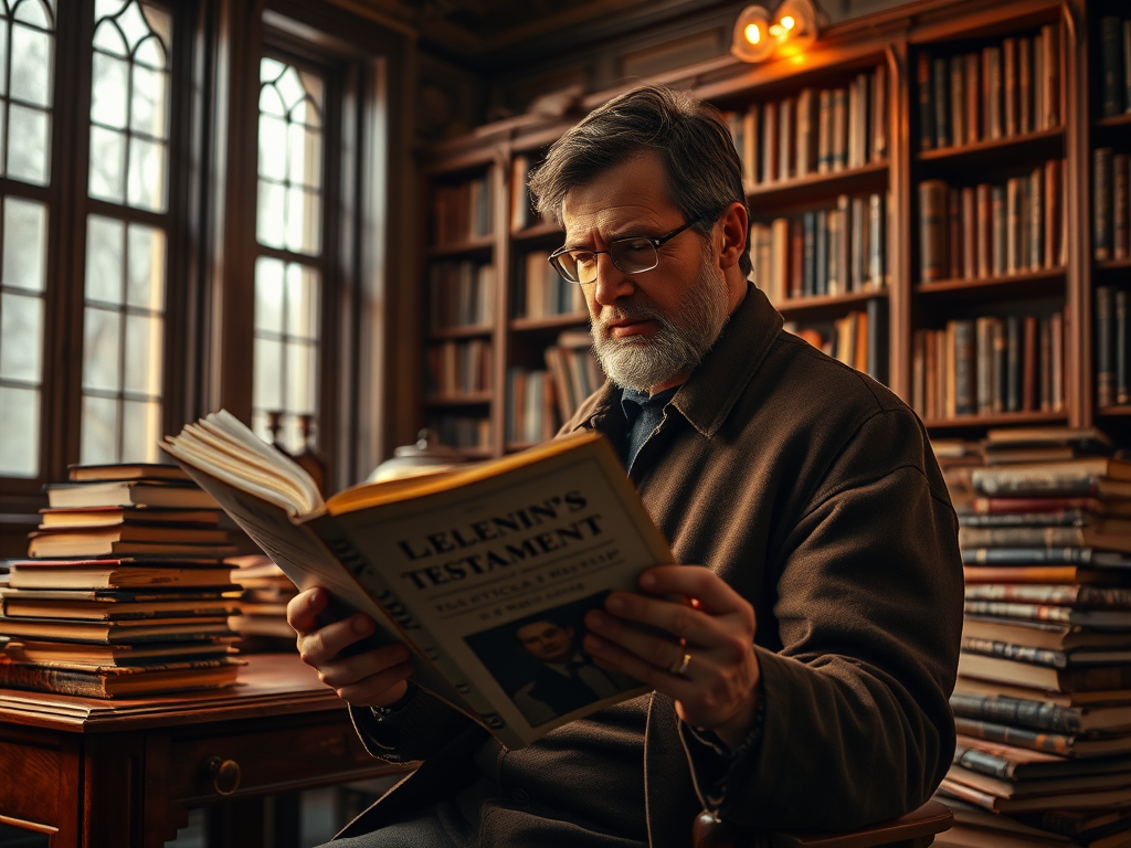 Человек в очках читает книгу "Завет Ленина" в библиотеке, окруженный полками с книгами.