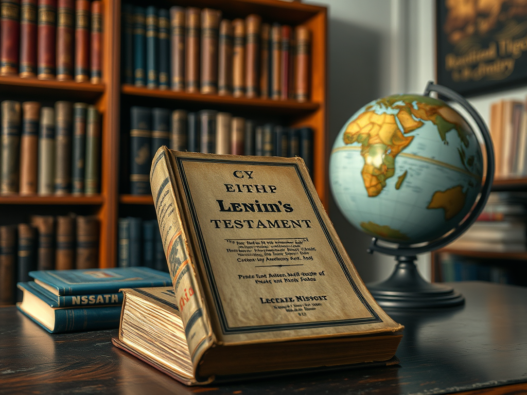 На столе лежит книга "Завещание Ленина" рядом с глобусом и полками с книгами.