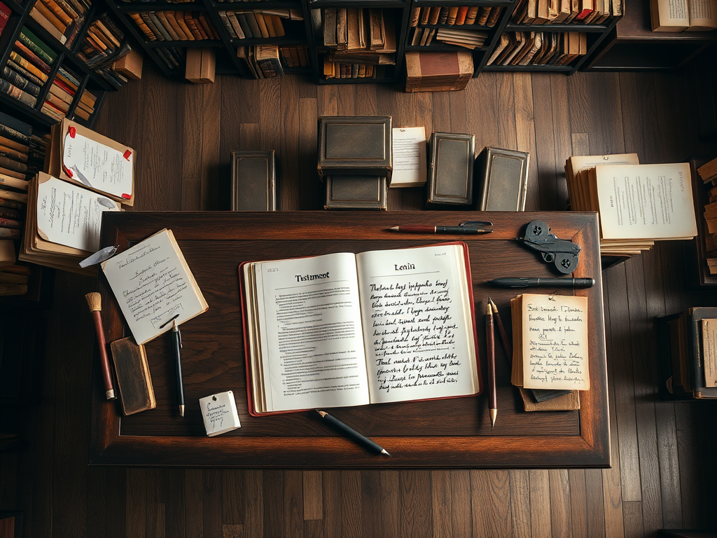 На столе лежат книги, записи, ручки и пистолет. Вокруг - многорядные полки с литературой.