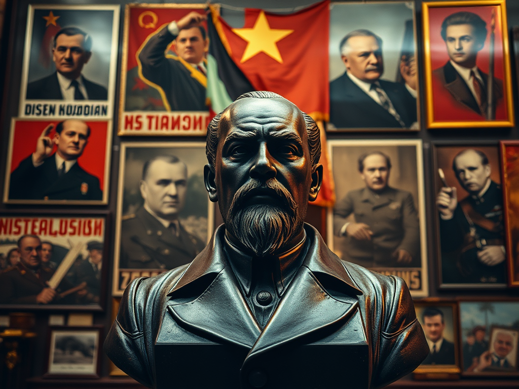 На изображении бюст человека на фоне советских портретов и флагов. Тёмное освещение создаёт атмосферу истории.