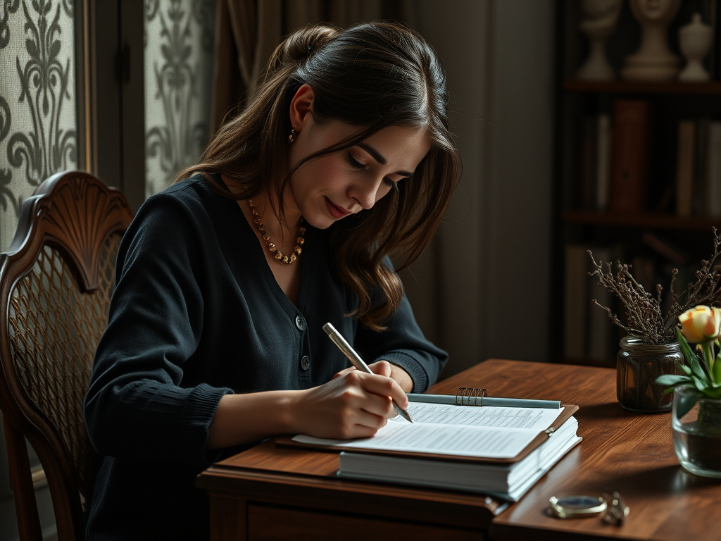 Женщина в темной кофте пишет в блокноте на деревянном столе, вокруг книги и цветы в вазе.