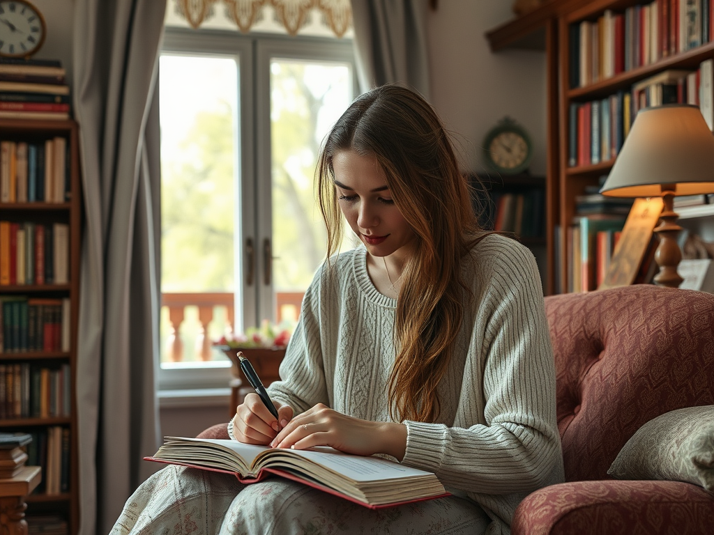 Девушка в свитере сидит на кресле и пишет в книге, рядом стена с полками и окнами. Спокойная обстановка.